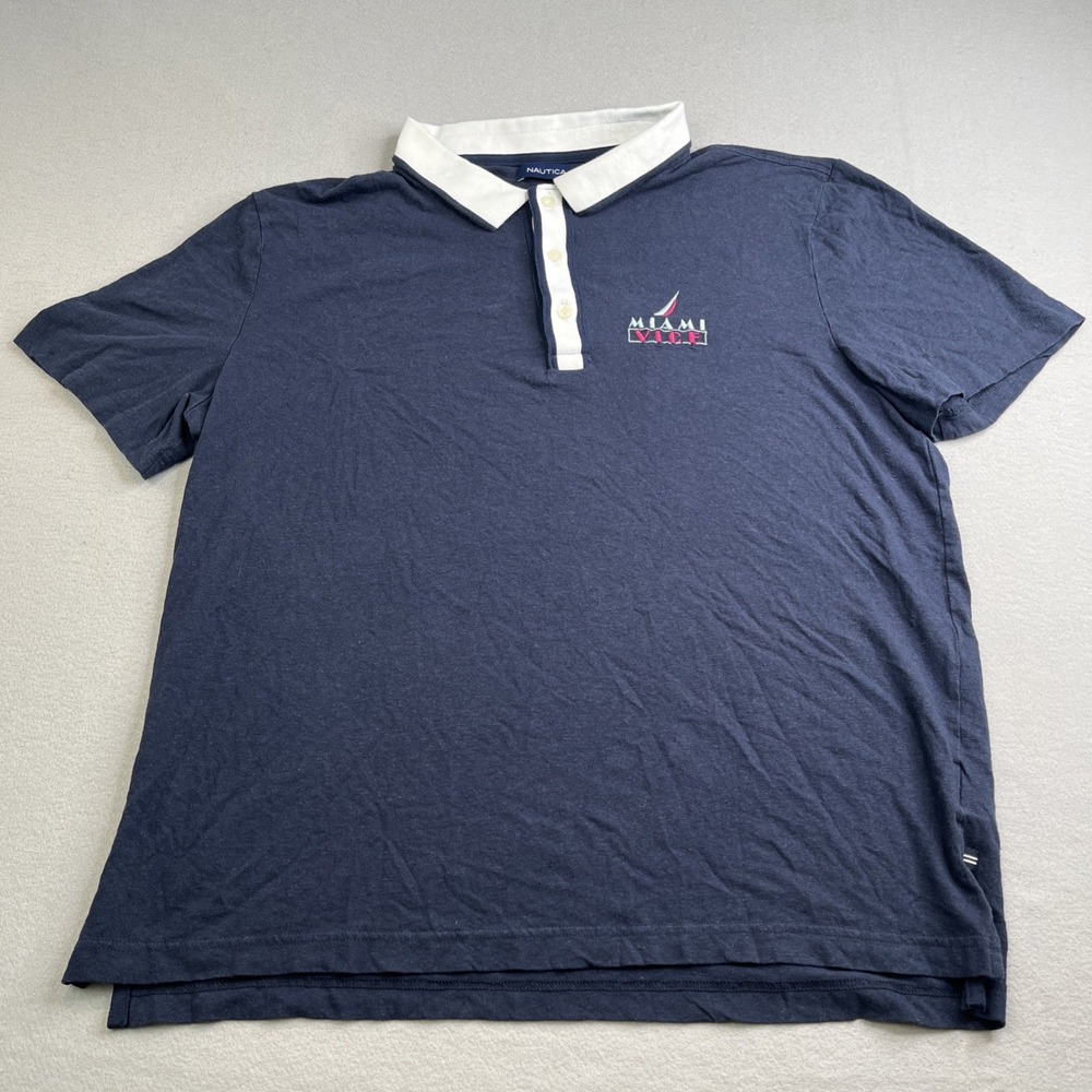 Nautica Miami Vice Men's XL Navy/White Cotton/Linen Polo Short Sleeve Y2K